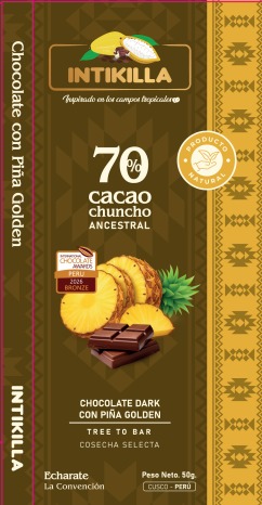 CHOCOLATES 70% CACAO CHUNCHO CON PIÑA GOLDEN 50G.